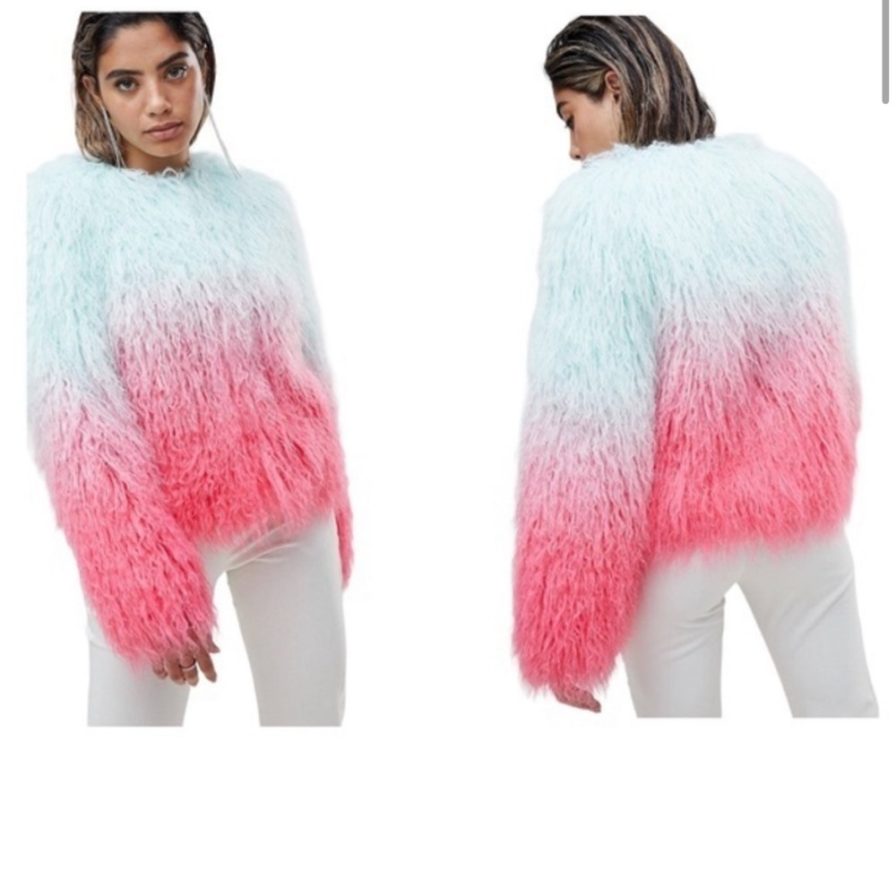 ASOS Pink and Blue Ombré Faux Fur Coat